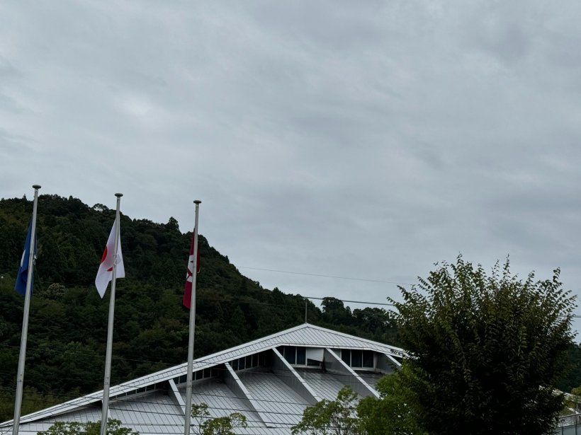 曇り空と揺れる旗